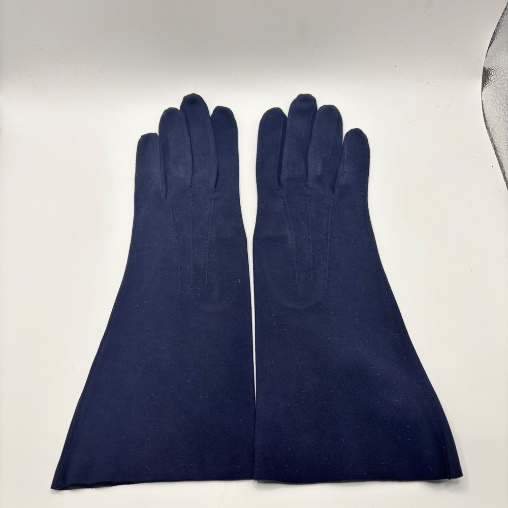 Kislav Lavable Vintage Navy Blue Suede Gauntlet Gloves French Made Mid Length
